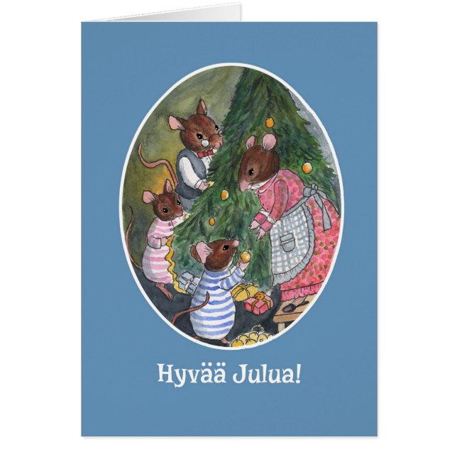 Ratón lindo decorando el árbol de Navidad finlandé (Frente)