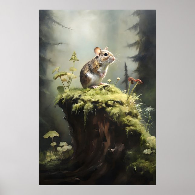 Ratón sobre tocón en impresión de pared de bosque, (Frente)