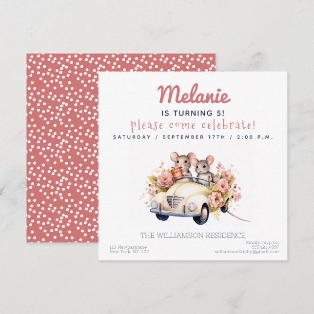 Ratones cortos en un coche niños invitación a fies (Anverso / Reverso)