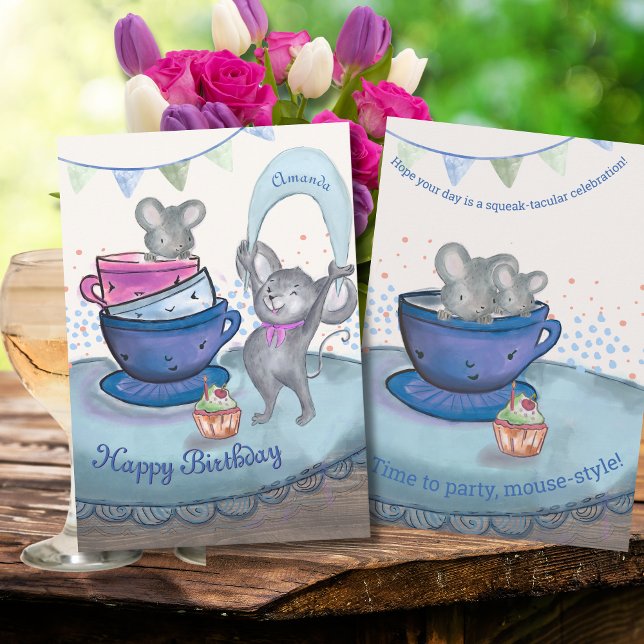 ratones divertidos en el té - Tarjeta de torta de  (Funny Mice in Teacup - Birthday Mice Cupcake Card)