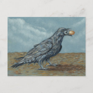 Raven con huevo en postal de pico