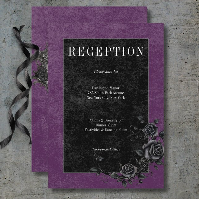 Raven negro gótico y recepción morada de Rosas neg (Gothic Black Raven & Black Roses Purple Reception Enclosure Card)