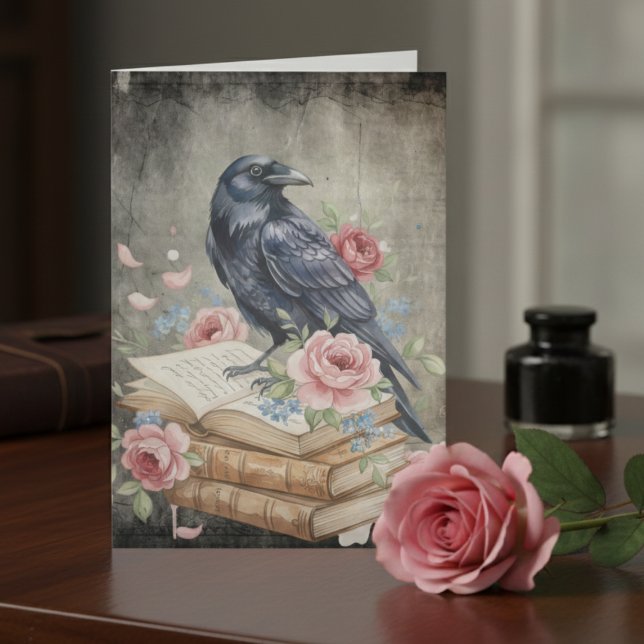 Raven & Roses - Vintage Floral (Dark Academia Victorian Gothic notecard)