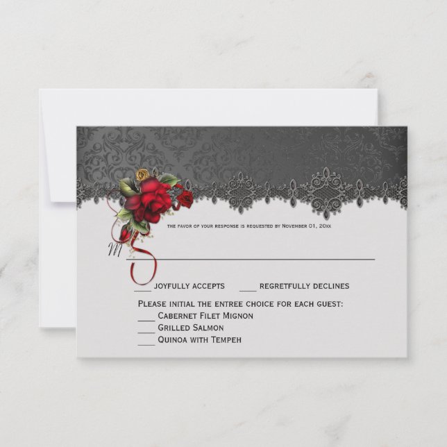 Ravens Roses Roses Roses Gris Black Damask RSVP (Anverso)
