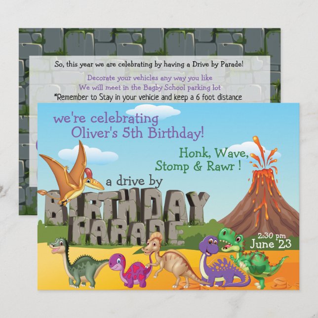 Rawr Dino DriveBy Happy Birthday Parade Invitación (Anverso / Reverso)