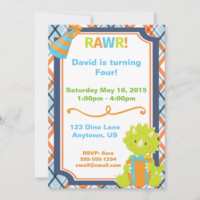 ¡RAWR! Invitación de cumpleaños al Fiesta Dino (Anverso)