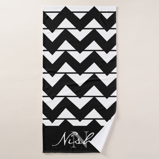 Raya de Chevron en Monograma Blanco y Negro (Toalla de baño)