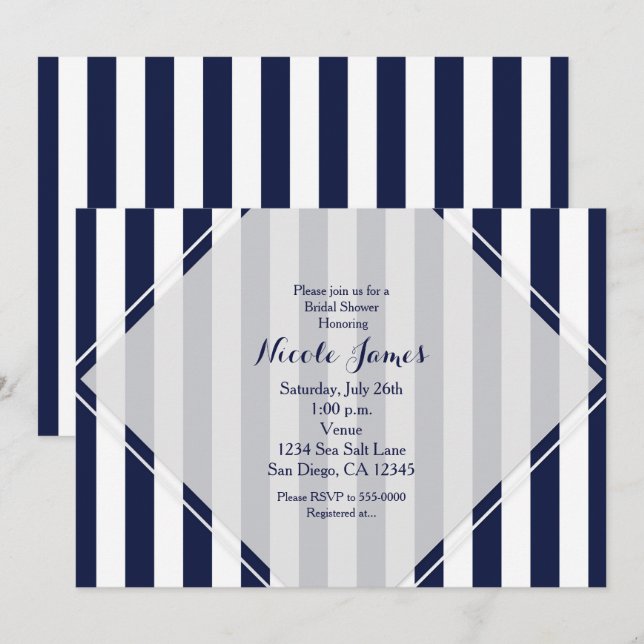 Rayas azules y blancas invitaciones modernas a ray (Anverso / Reverso)