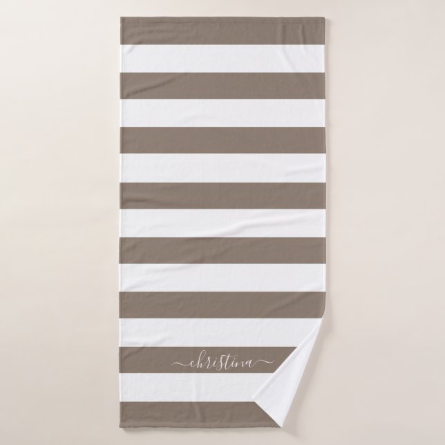 Rayas Blancas Marrones Taupe Personalizadas Elegan (Toalla de baño)