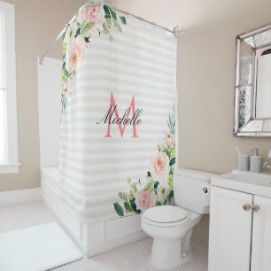 rayas blancas onduladas monogramo cortina de ducha