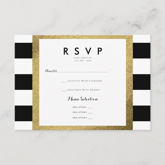 Rayas blancas y negras con Boda RSVP de Relieve me (Anverso)
