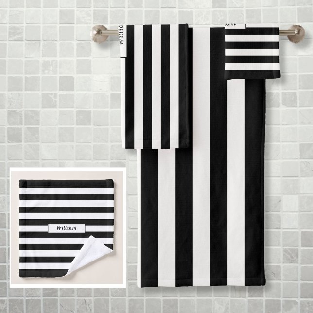 Rayas blancas y negras personalizadas modernas (Modern Personalized Black and White Striped Bath Towel Set)