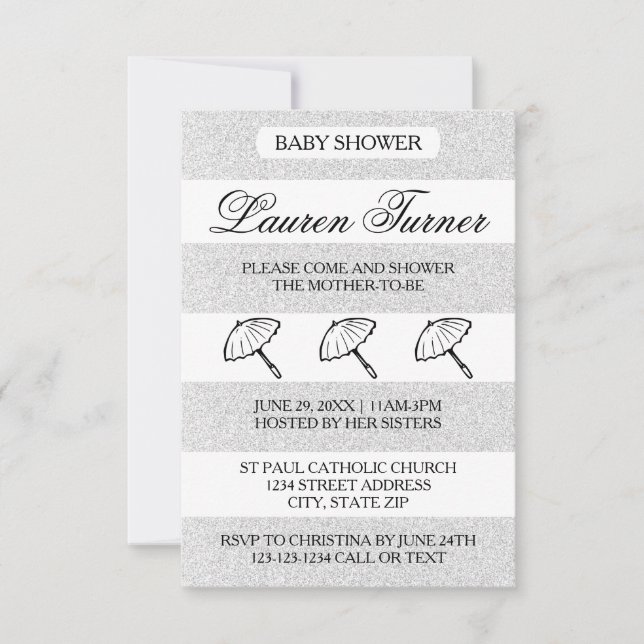Rayas Blancas y Plateadas - Invitación para Baby S (Anverso)