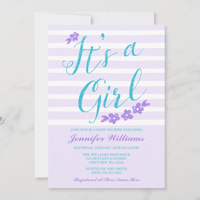 Rayas de flores Verde azuladas púrpuras Invitacion (Anverso)