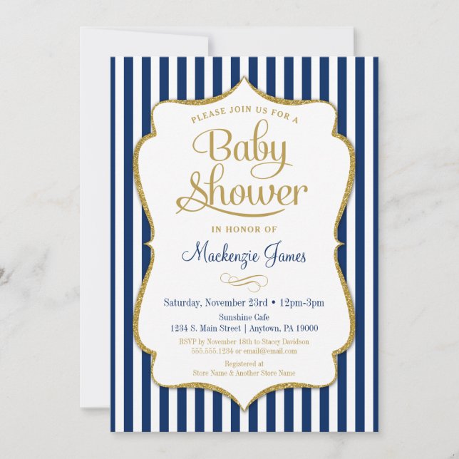 Rayas de invitación Baby Shower de Navy Blue Gold  (Anverso)
