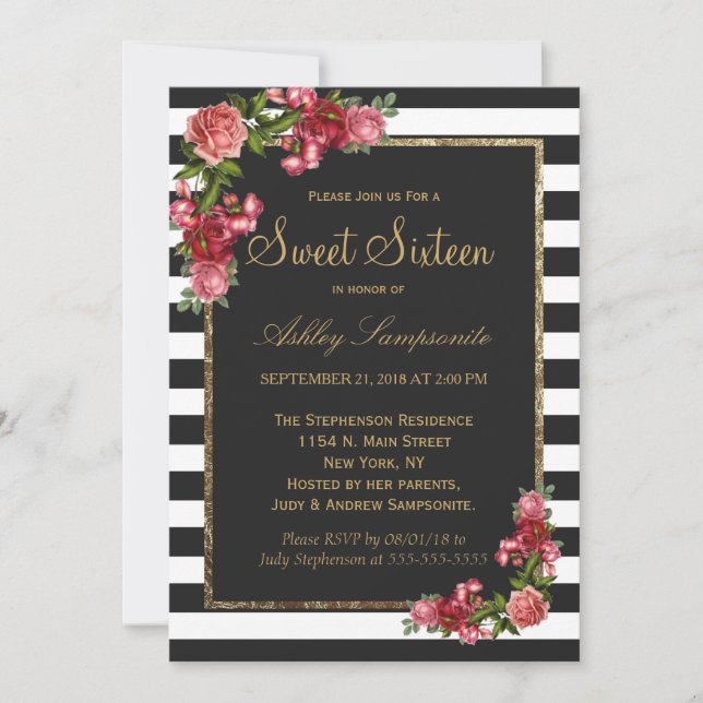 Rayas de los rosas e invitaciones del dulce 16 del (Anverso)
