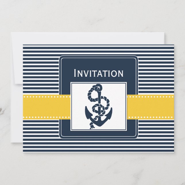 rayas de marina, ancla, invitaciones a bodas náuti (Anverso)