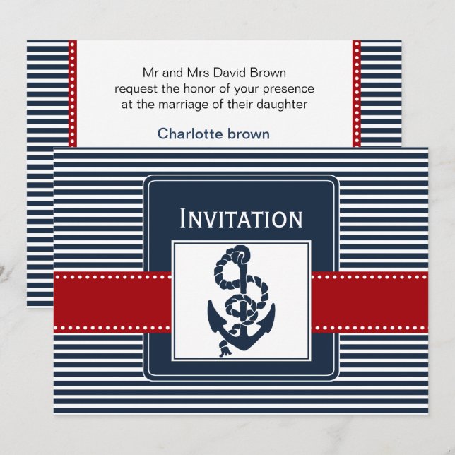 rayas de marina, ancla, invitaciones a bodas náuti (Anverso / Reverso)