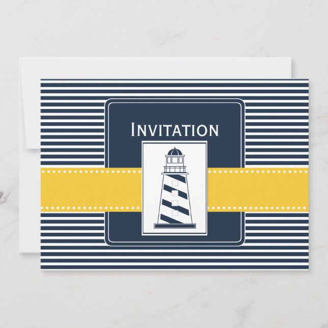 rayas de marina, faro, invitaciones a bodas náutic (Anverso)