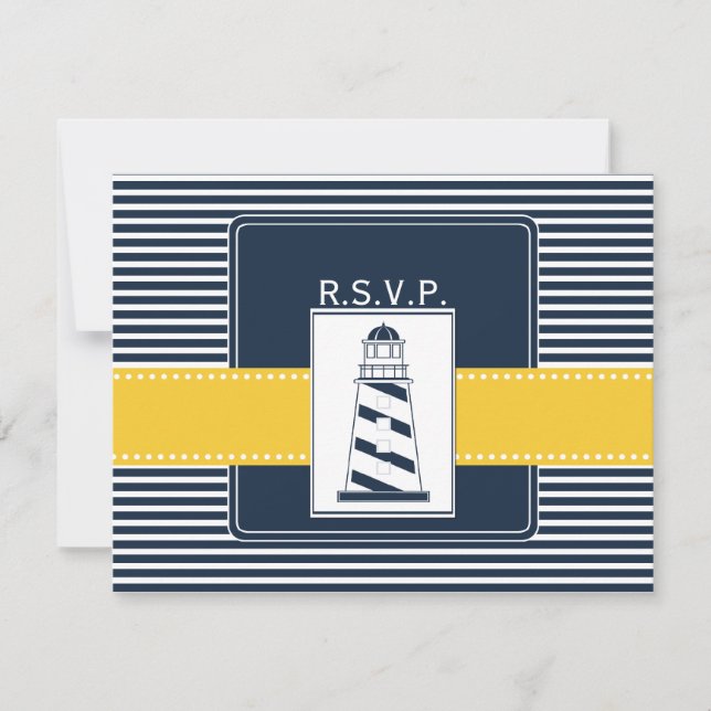 rayas de marina, faro, rsvp de boda náutica (Anverso)