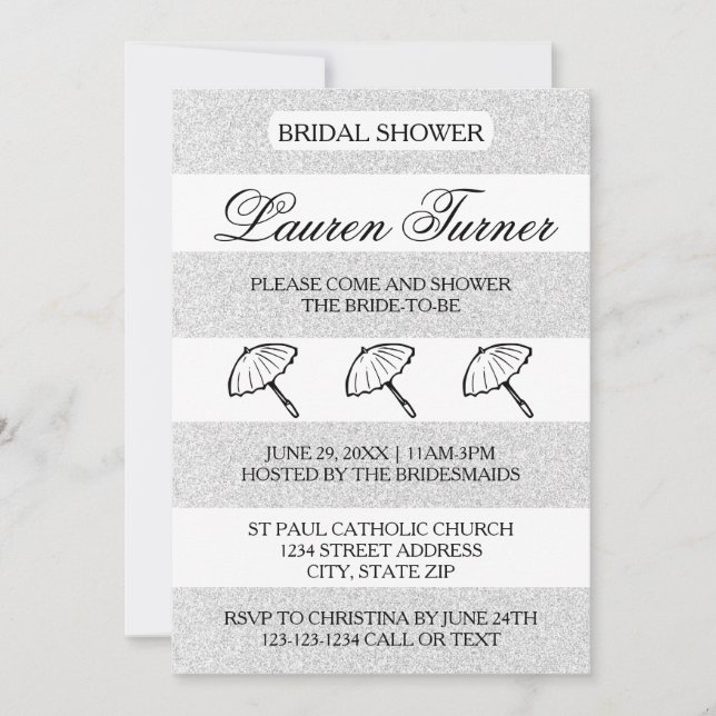 Rayas de plata y blanco - Invitación a ducha de no (Anverso)