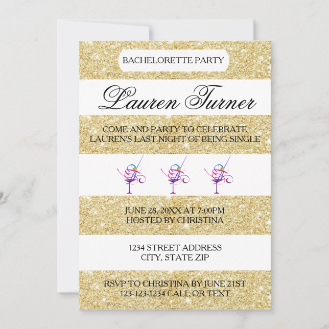 Rayas doradas y blancas - Invitación de despedida  (Anverso)