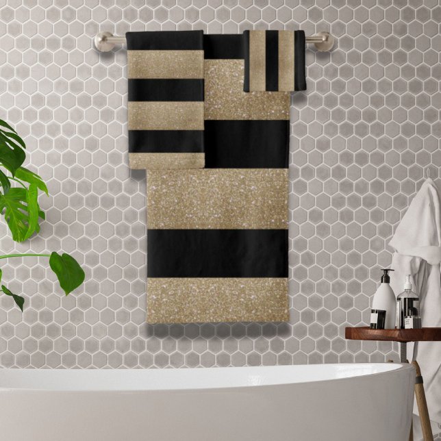 rayas geométricas de diseño de rayas de oro y negr (trendy stylish geometric black and gold stripes bath towel set)