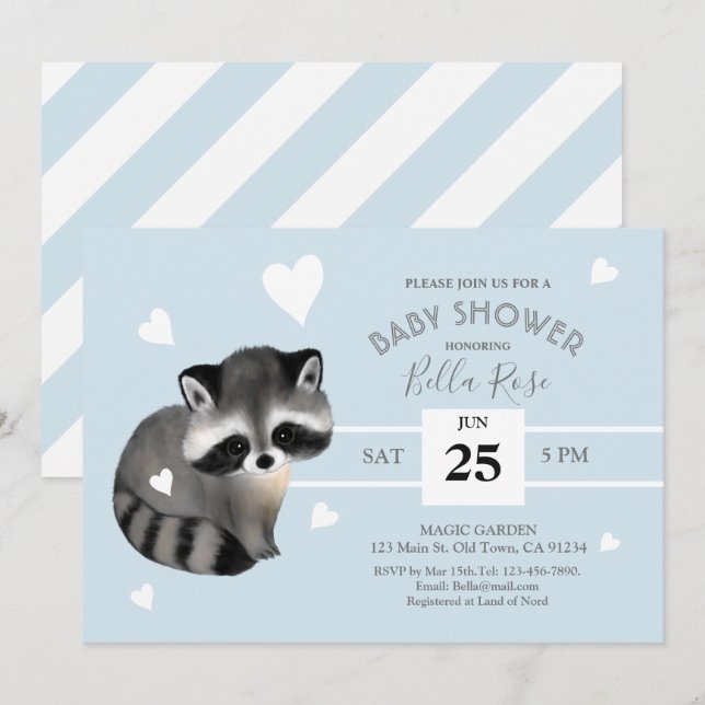 Rayas Gris Azules Invitación de Baby Shower Raccoo (Anverso / Reverso)