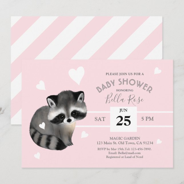 Rayas grises rosadas Raccoon Invitación a Baby Sho (Anverso / Reverso)