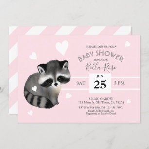 Rayas grises rosadas Raccoon Invitación a Baby Sho