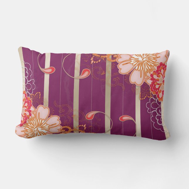 Rayas moradas Flores rojas y rosas almohada lumbar (Anverso)