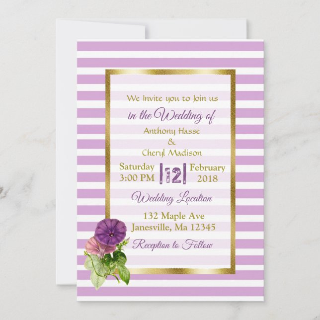 Rayas moradas Petunias e invitaciones a la Boda de (Anverso)