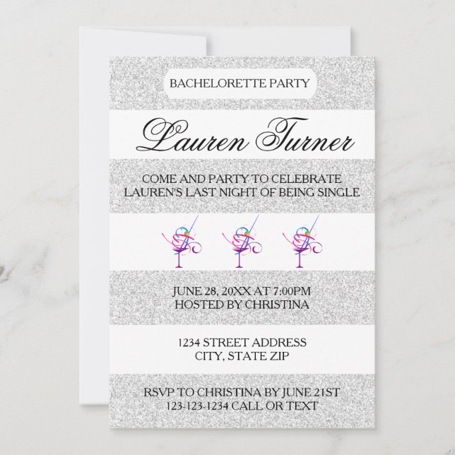 Rayas plateadas y blancas: Invitación a despedida  (Anverso)