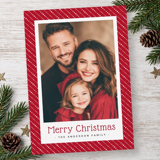 Rayas punteadas lindas foto navidad roja (Cute dotted stripes merry Christmas photo red Holiday Card)