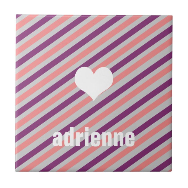 Rayas púrpuras rosa corazón baldosas de visualizac (Frente)