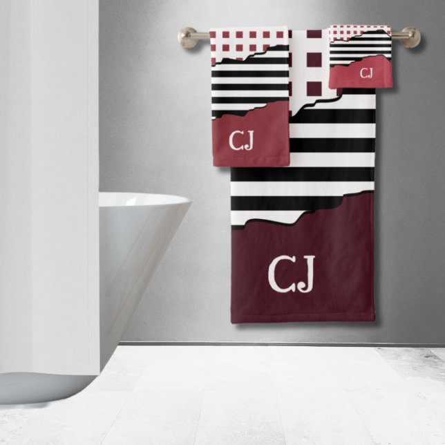 Rayas Red: Iniciales en negro, blanco, rojo estrat (Stripes Net Black, White, Red Layered Initials Bath Towel Set)