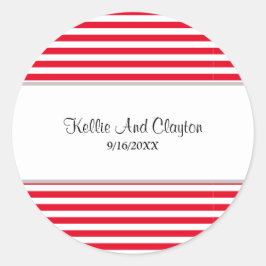 Rayas rojas/blancas Boda Pegatina redondo clásico