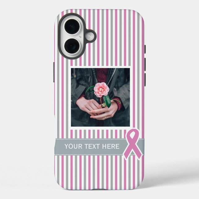 Rayas rosadas y plateadas fundas de texto y fotos  (Reverso )