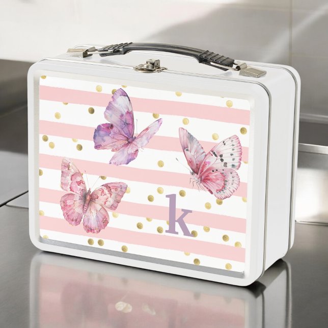 Rayas rosadas y puntos de mariposas y monograma (Personalize with your monogram initial.)