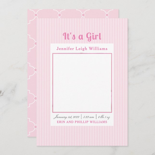 Rayas rosas: Anuncio de nacimiento Chica (Anverso / Reverso)