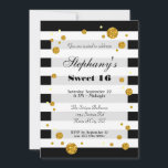 Rayas y Purpurina Dulce Invitación Dieciséis<br><div class="desc">Esta invitación de moda es genial para celebrar un fiesta Sweet 16 con glamour y estilo. Cuenta con un fondo de rayas y purpurinas de imitación flotando alrededor. La paleta de colores negro, blanco y dorado aporta una moda y un estilo elegante. Este diseño atemporal es ideal para una joven...</div>