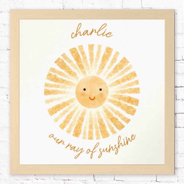 Rayo de Sol Póster Personalizado de Decoración par (Our ray of sunshine personalized custom text happy watercolor sun poster for nursery decor)