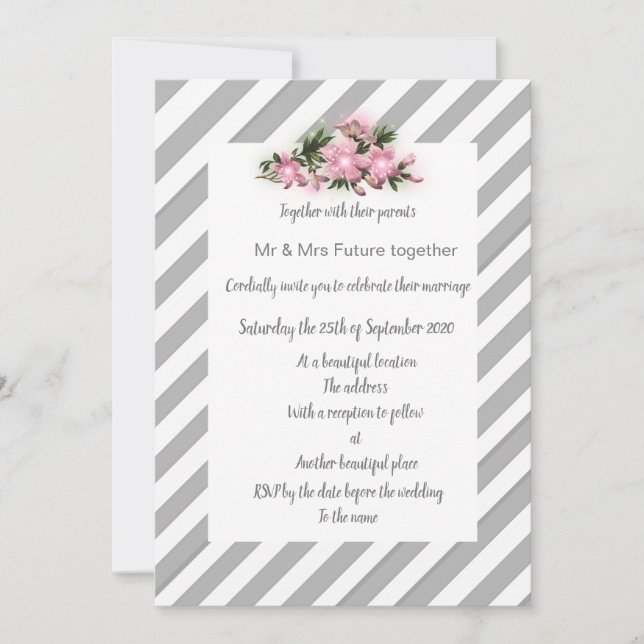 Rayo gris Flor rosa invitación boda nuevo (Anverso)