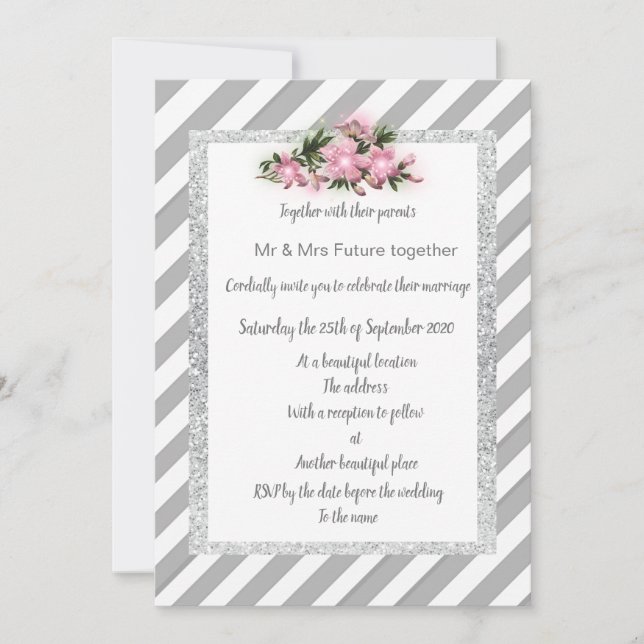Rayo gris Flor rosa invitación boda nuevo (Anverso)