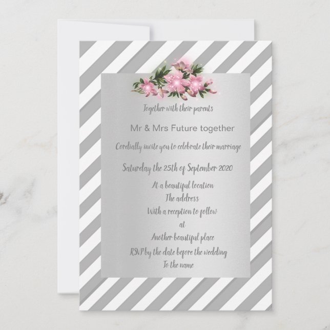 Rayo gris Flor rosa invitación boda nuevo (Anverso)