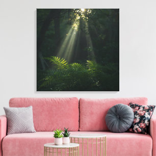 Rayos de sol en arte de pared de bosque encantado