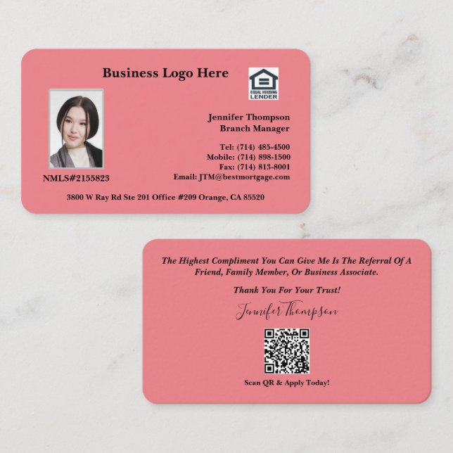 Realtor, responsable de préstamos, tarjeta de visi (Anverso / Reverso)