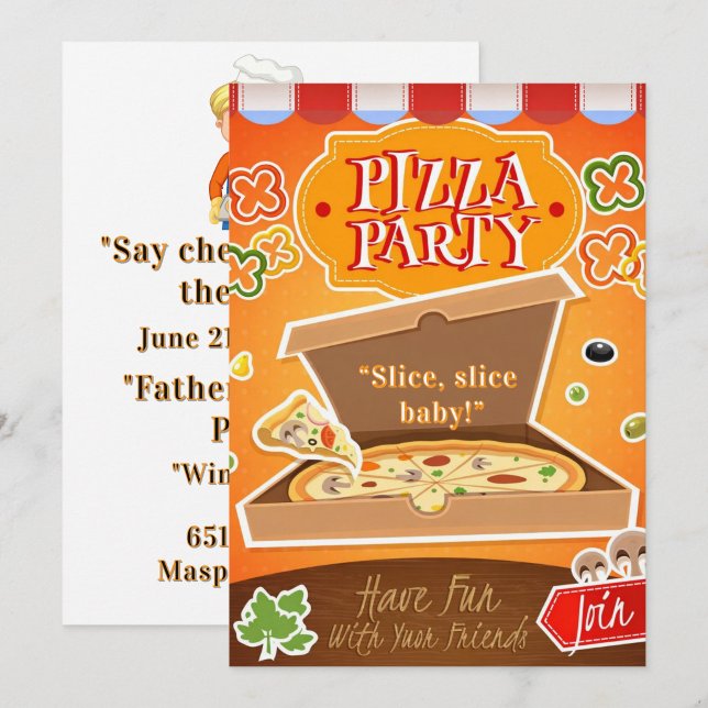 ¡Rebanada, Rebanada Bebé! Invitación a Fiesta de P ("Hot pizza, family time" wine and beer!)