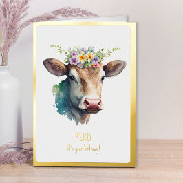 Rebaño es tu cumpleaños divertida vaca floral oro