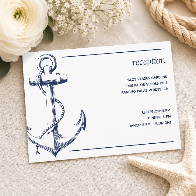 Recepción Blanca Ancla Marina Naval (Tie the knot with this nautical inspired reception card with a navy anchor wedding reception card.)
